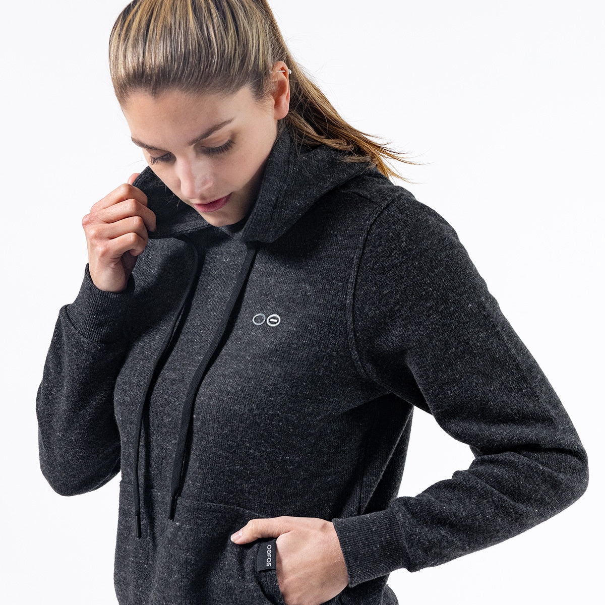 OOfos Women's OOmy Knit Hoodie - Dark Charcoal Gray Heather